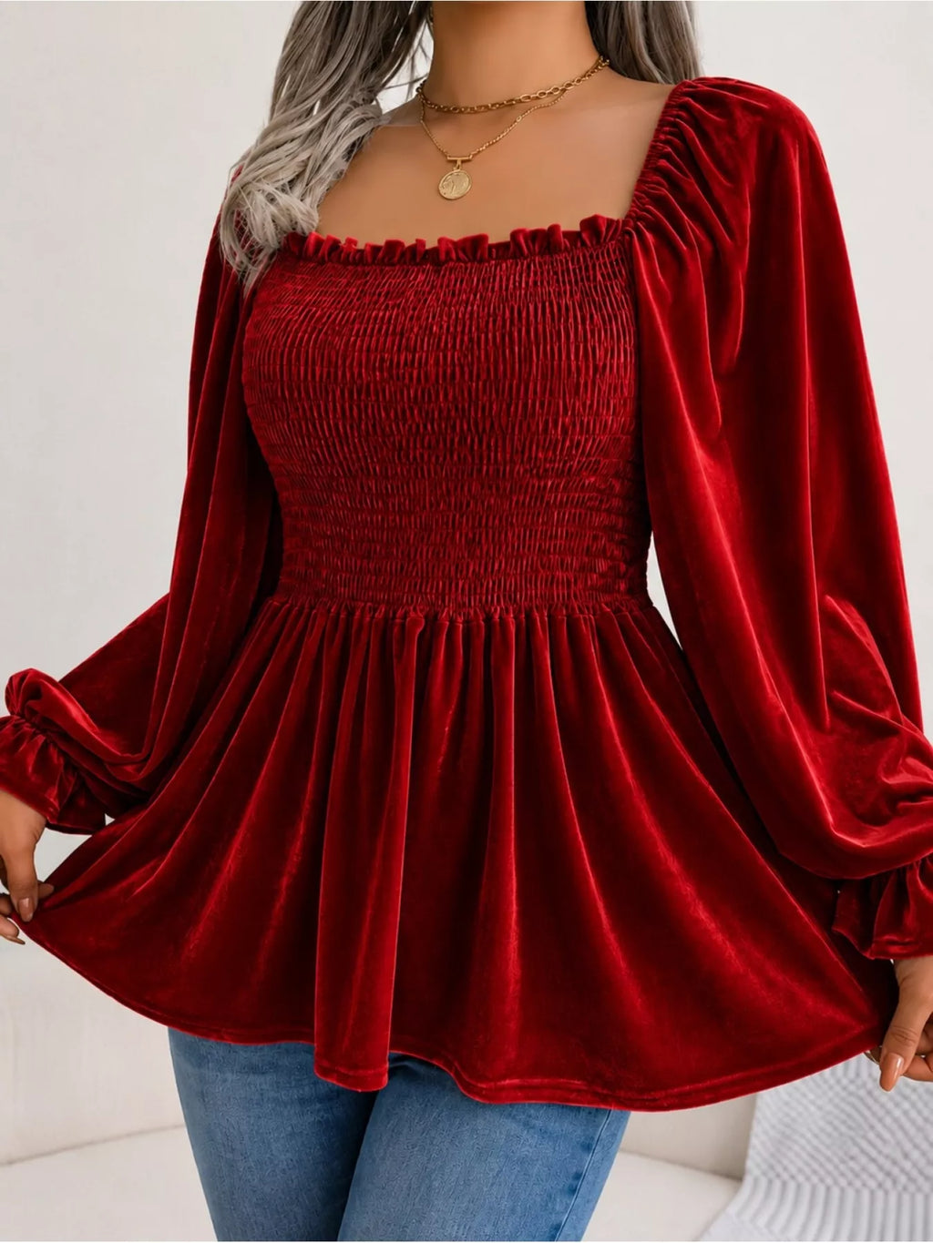 Velvet Smocked Peplum Blouse