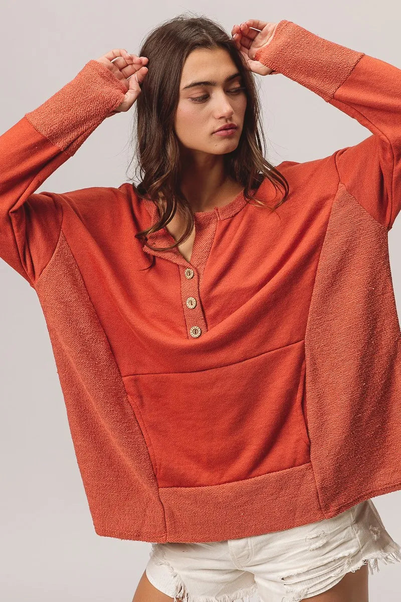 BiBi French Terry Knit Side Block Buttoned Henley Top
