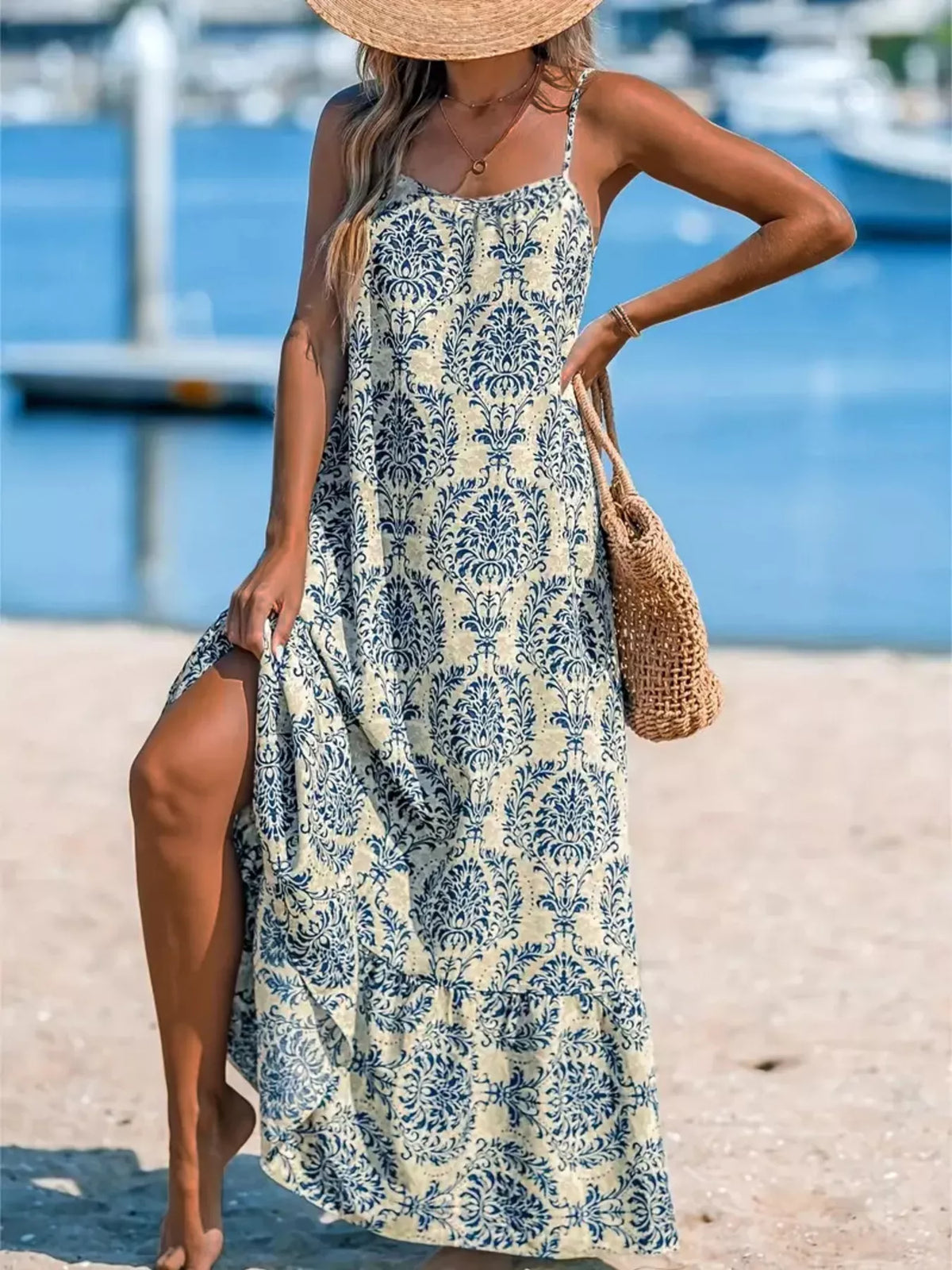 Plus Size Bohemian Spaghetti Strap Damask Print Maxi Beach Dress
