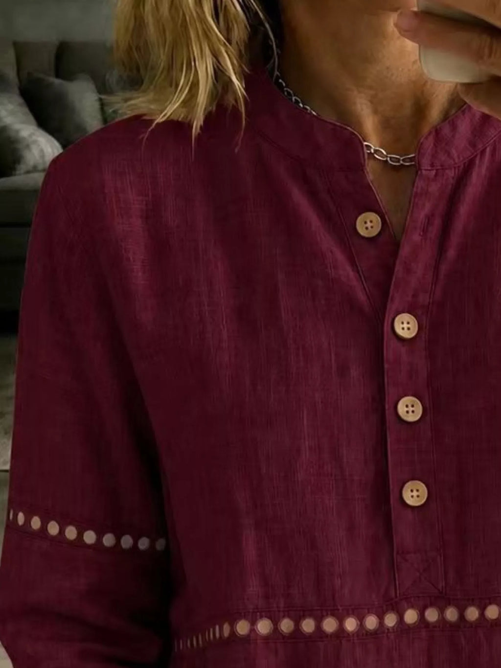 Full Size Button Detail Eyelet Long Sleeve Blouse Plus Size