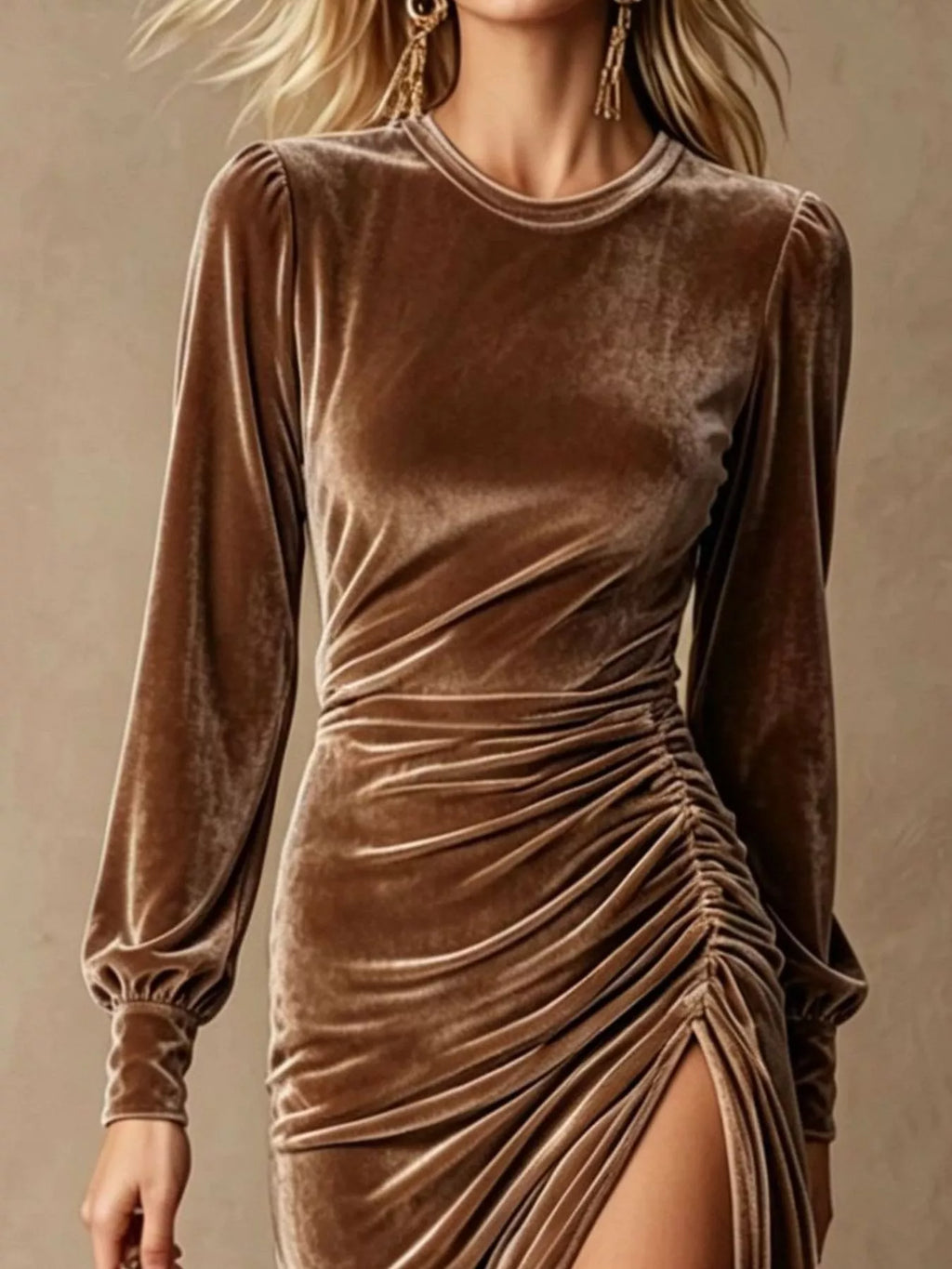 Velvet Ruched Long-Sleeve Slit Dress