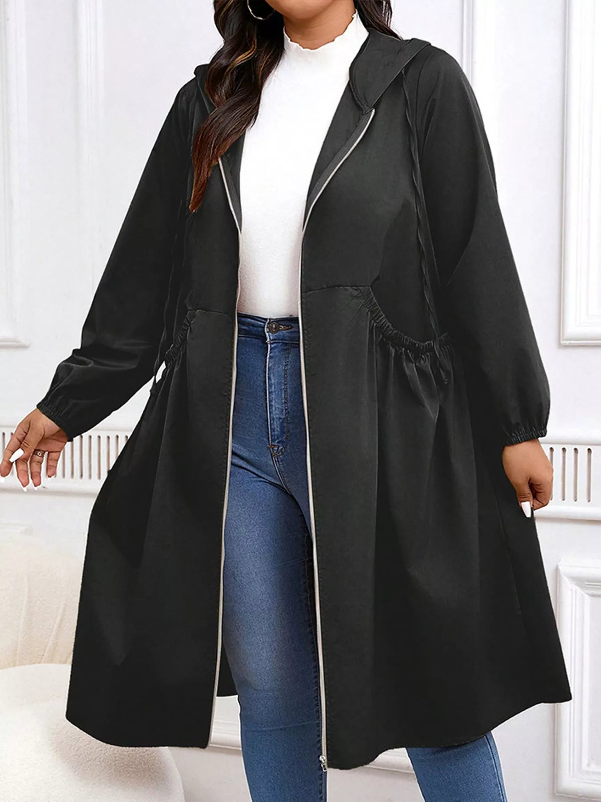Plus Size Hooded Zip-Up Longline Windbreaker Outerwear