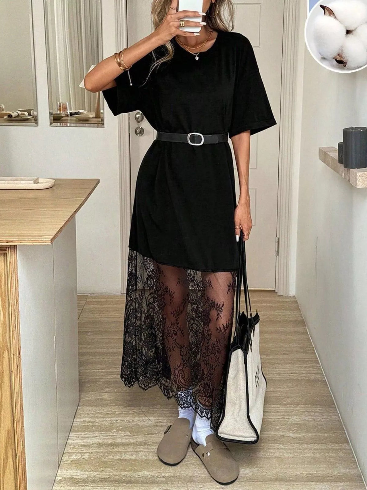 Floral Lace Hem Short Sleeve Tee Dress