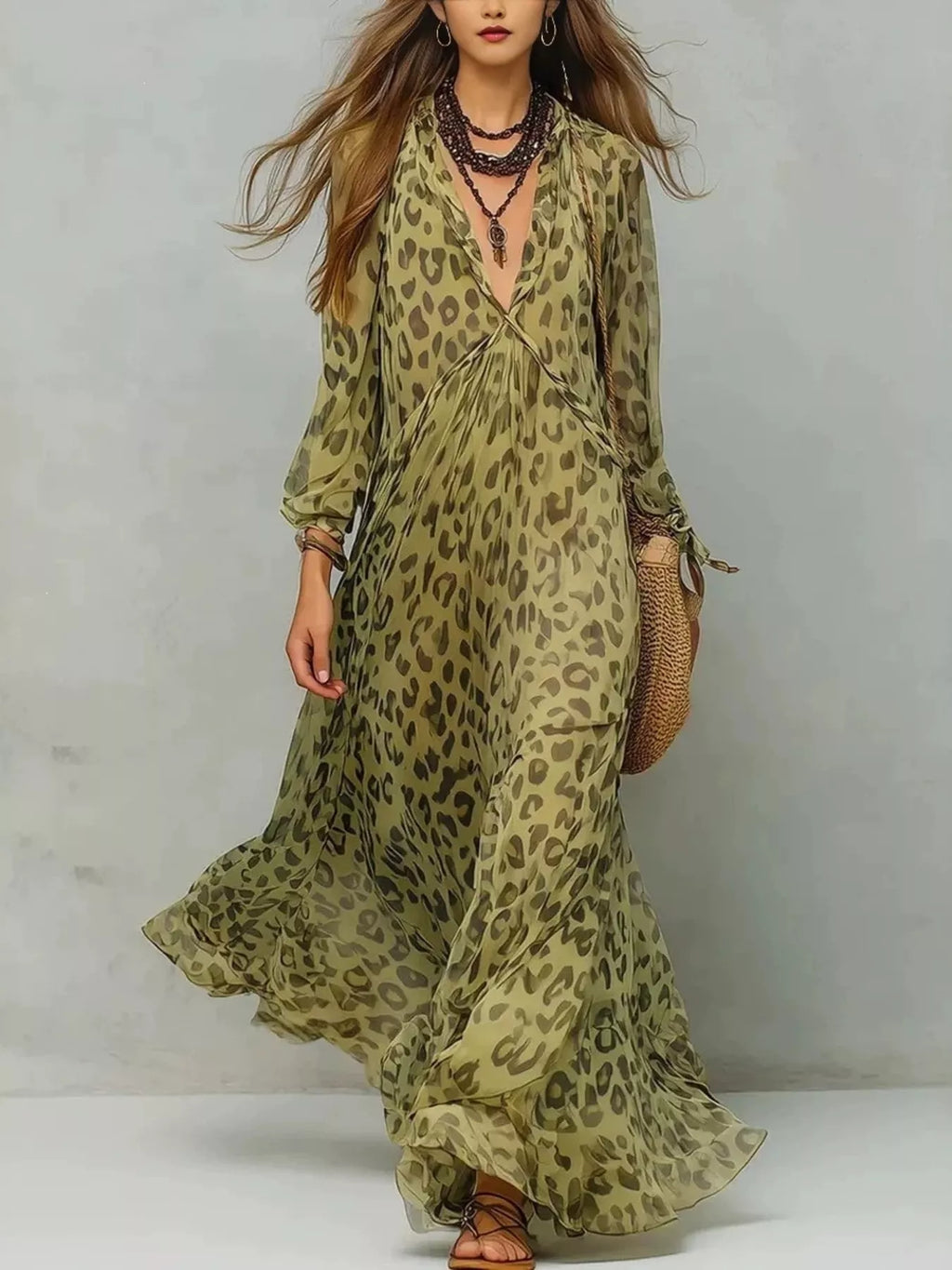 Full Size Leopard Print V-Neck Maxi Dress Plus Size
