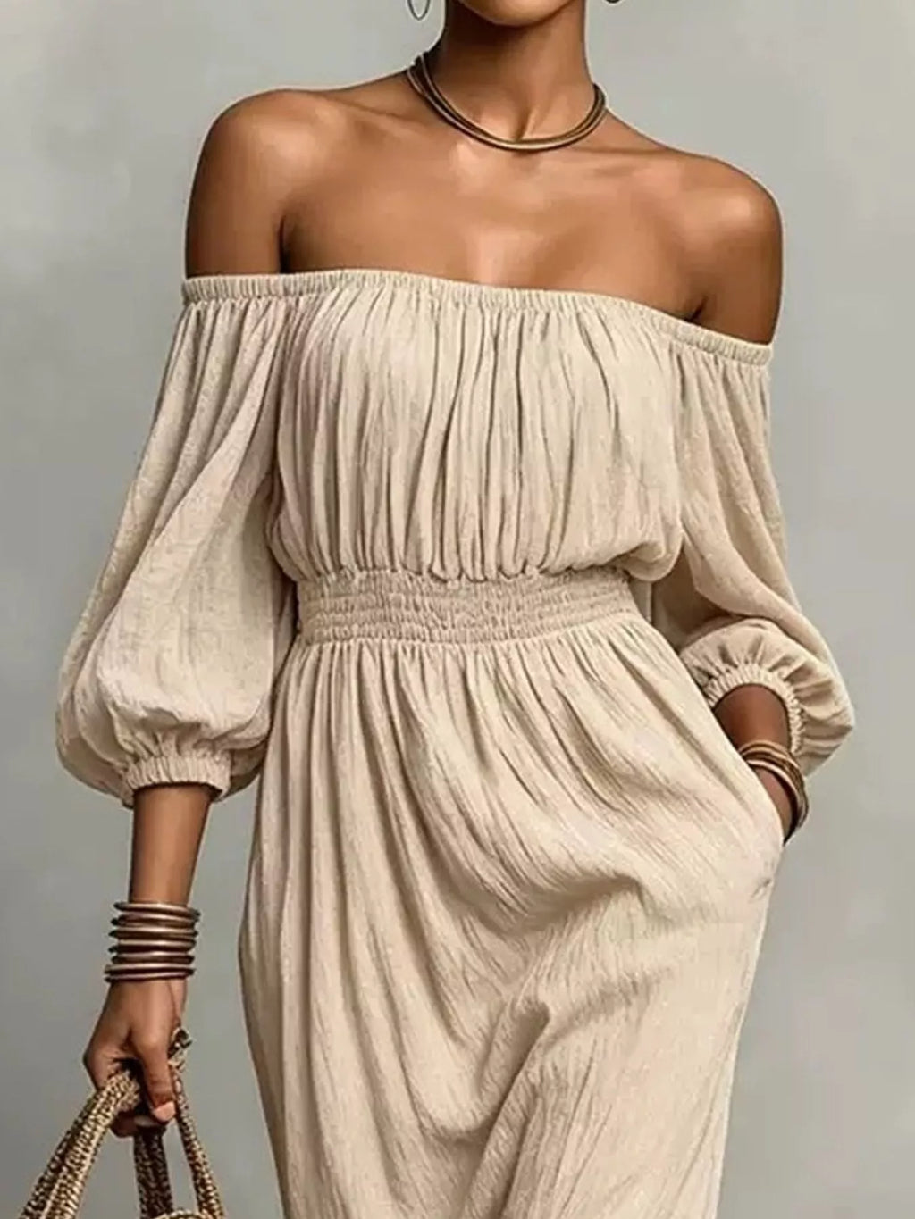t Off-Shoulder Smocked Waist Maxi Dress
