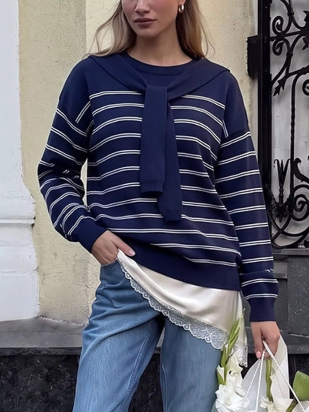 Classic Striped Crewneck Knit Top with Layered Sweater Detail