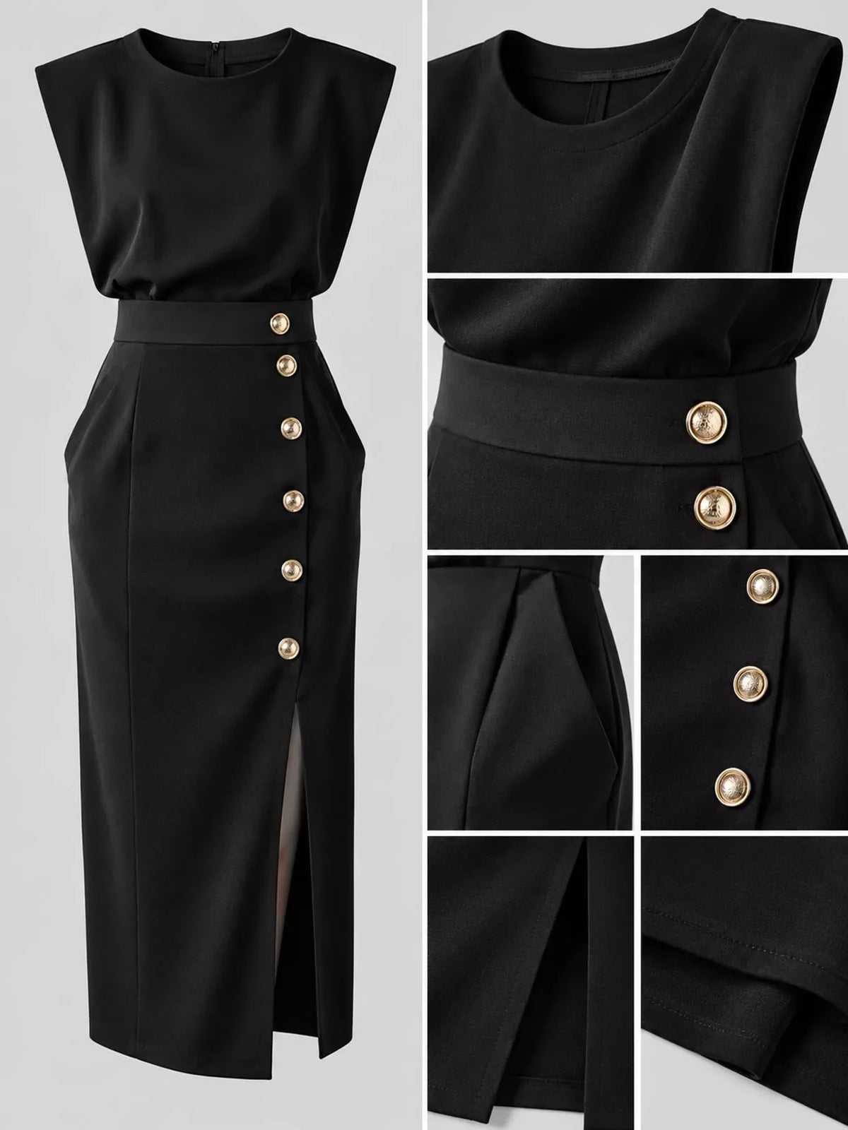Sleeveless Midi Dress with Gold Button Detail and Side Slit