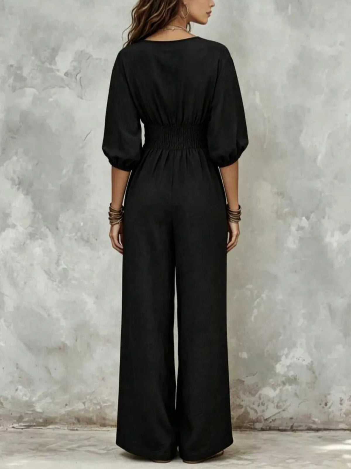 V-Neck Smocked Waist Wide-Leg Jumpsuit
