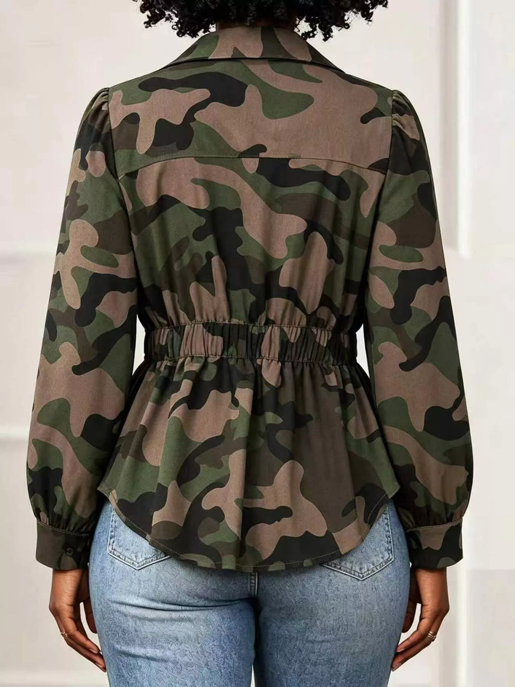 Camouflage Button Front Long Sleeve Blouse