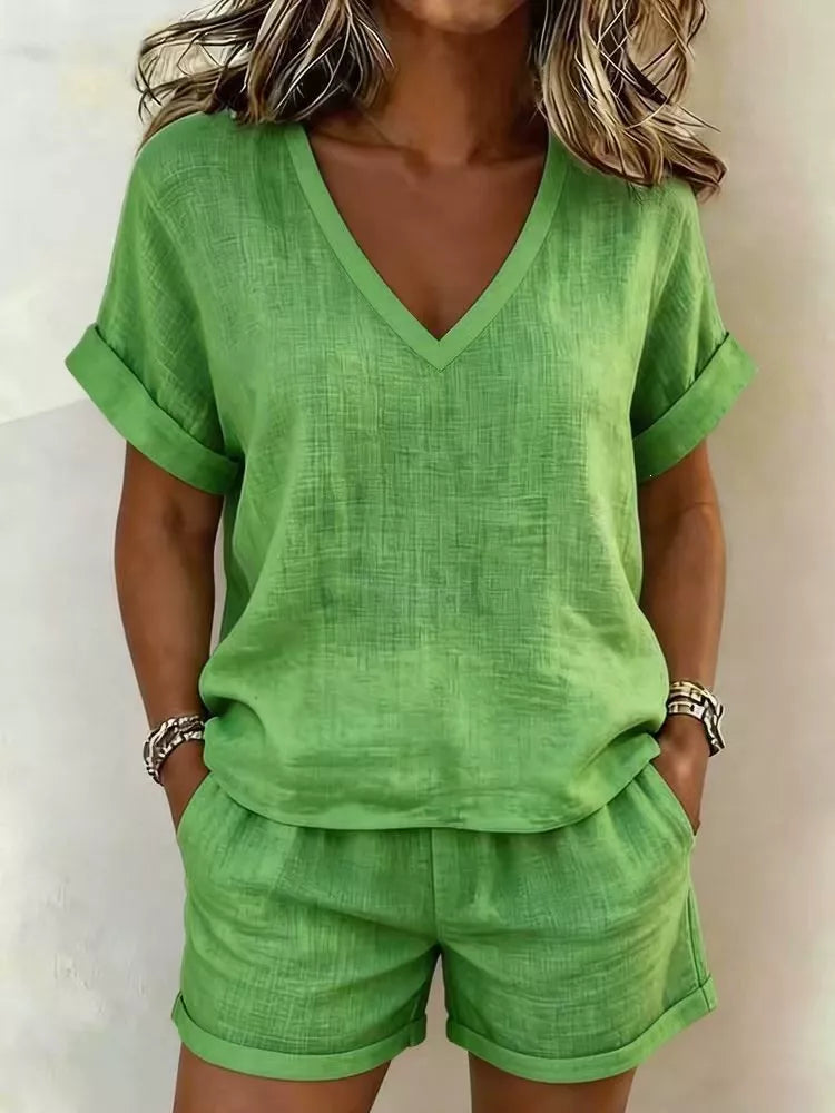 V-Neck Linen Blend Short Sleeve Top and Shorts Set