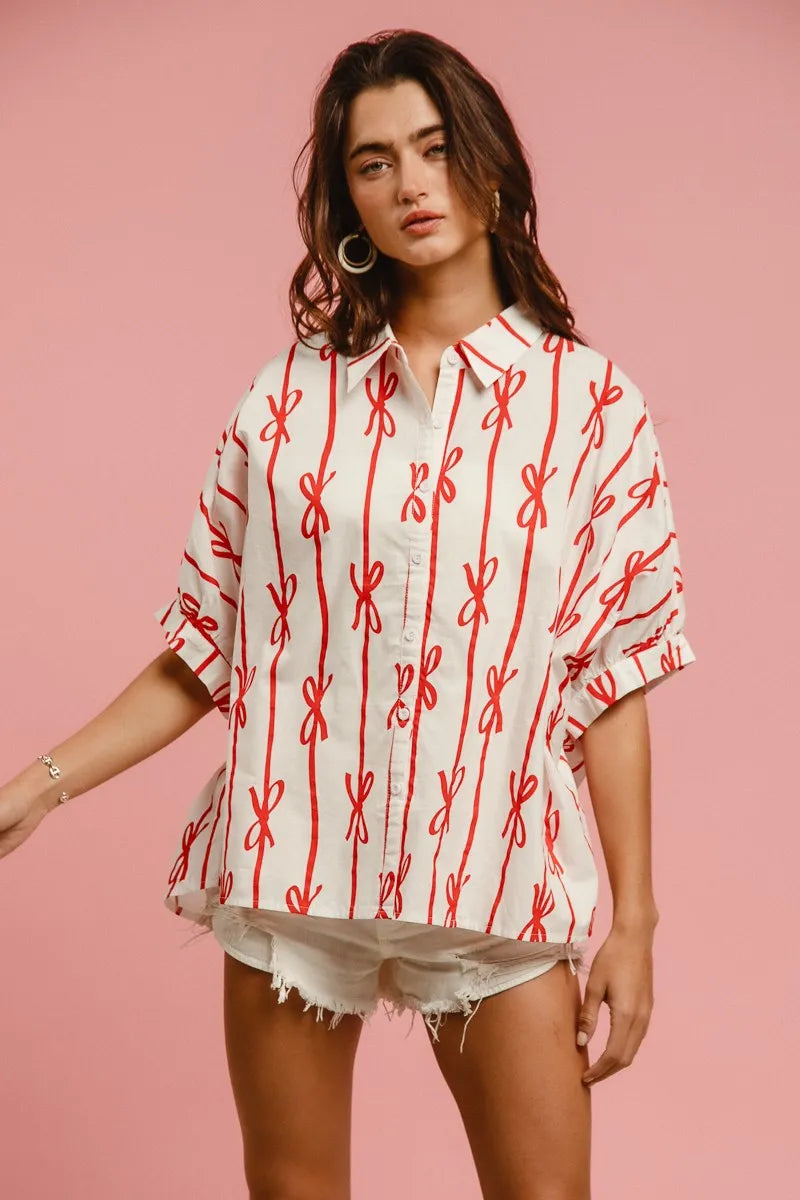 BiBi Bow Ribbon Woven Printed Button Down Shirt