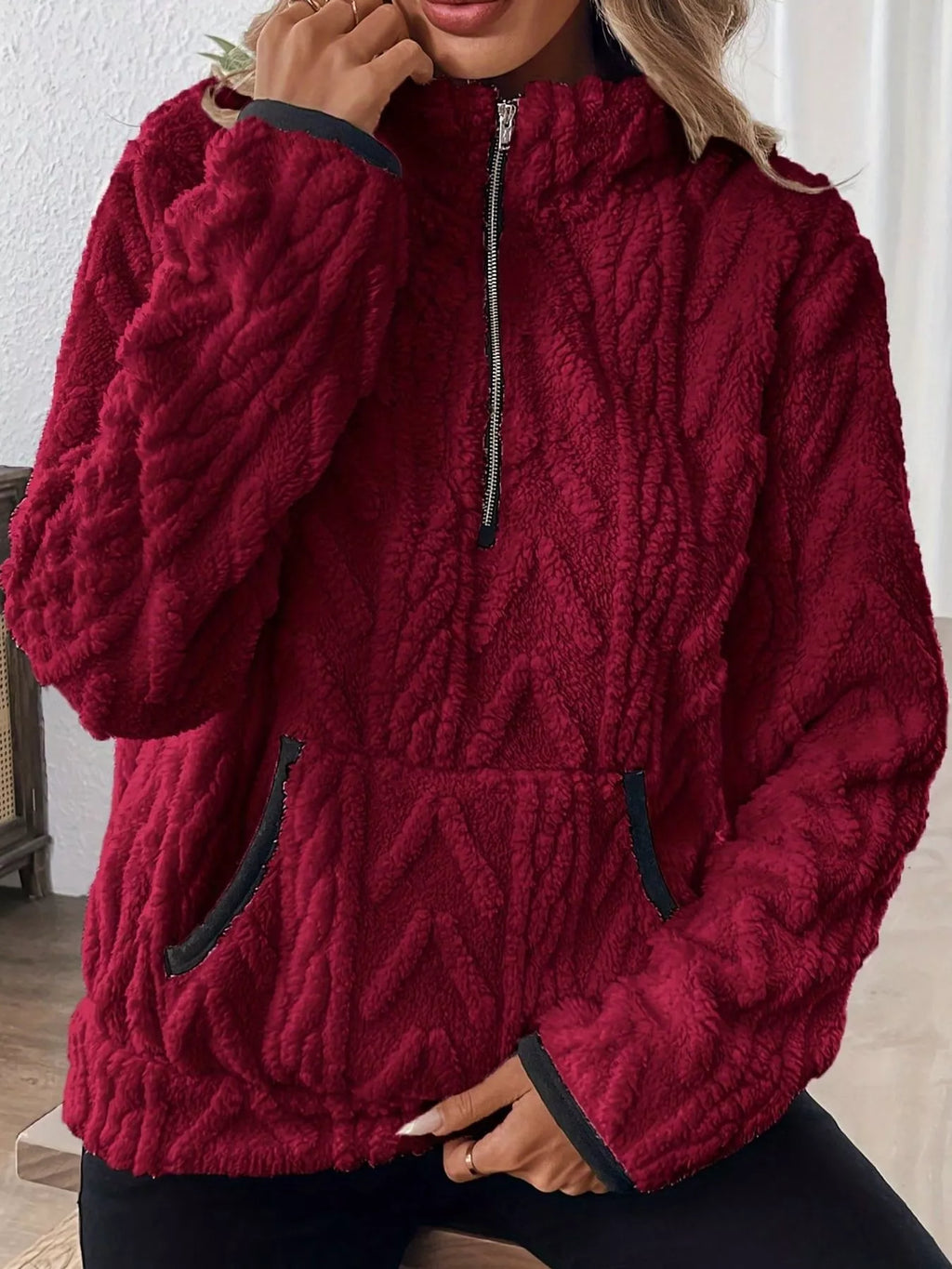 Full Size Quarter-Zip Sherpa Sweatshirt Plus Size