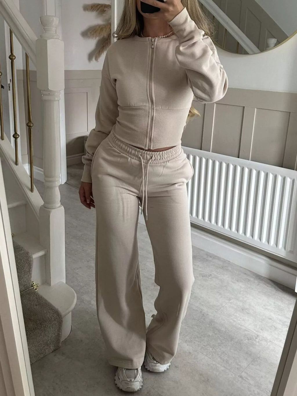 Zip-Up Crop Hoodie and High-Waisted Pants Set