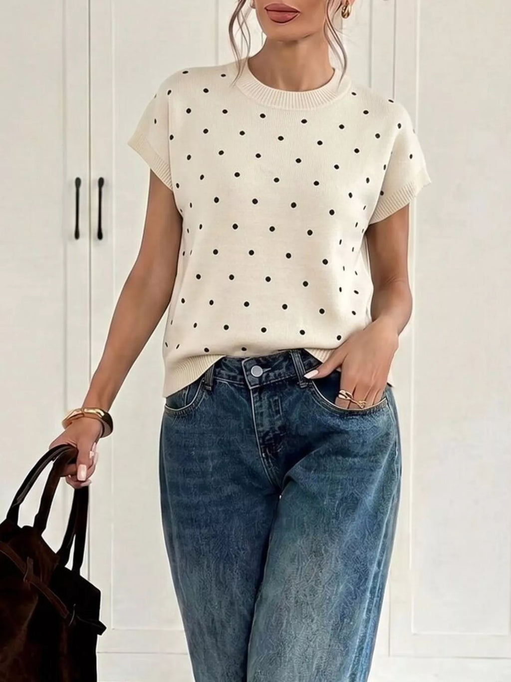 Polka Dot Short Sleeve Knit Sweater