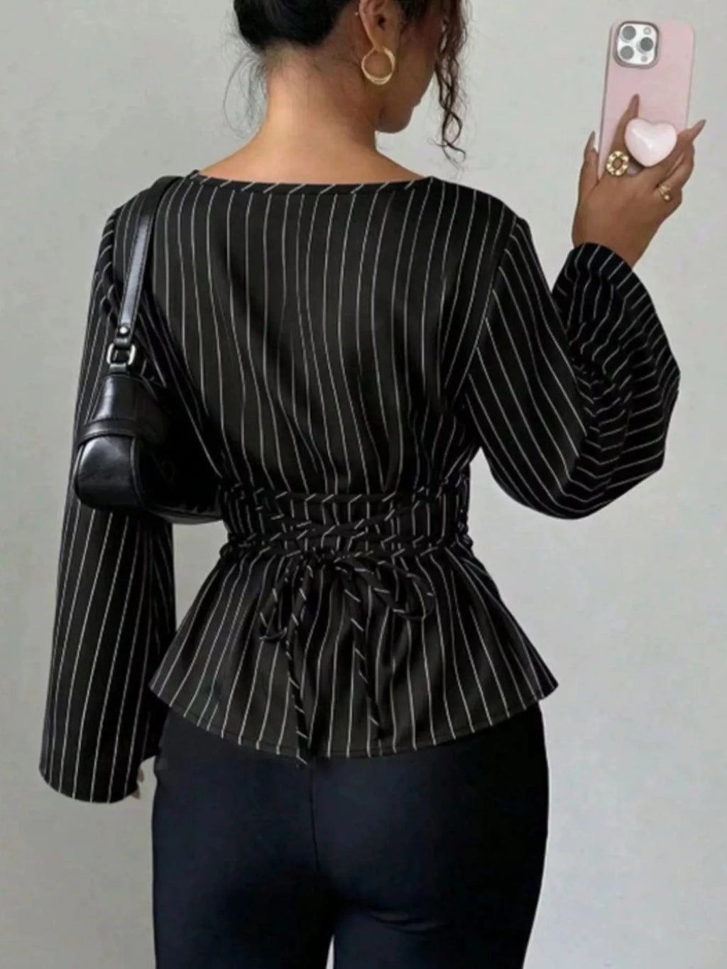 Elegant Pinstriped Bell Sleeve Blouse with Back Lace Up