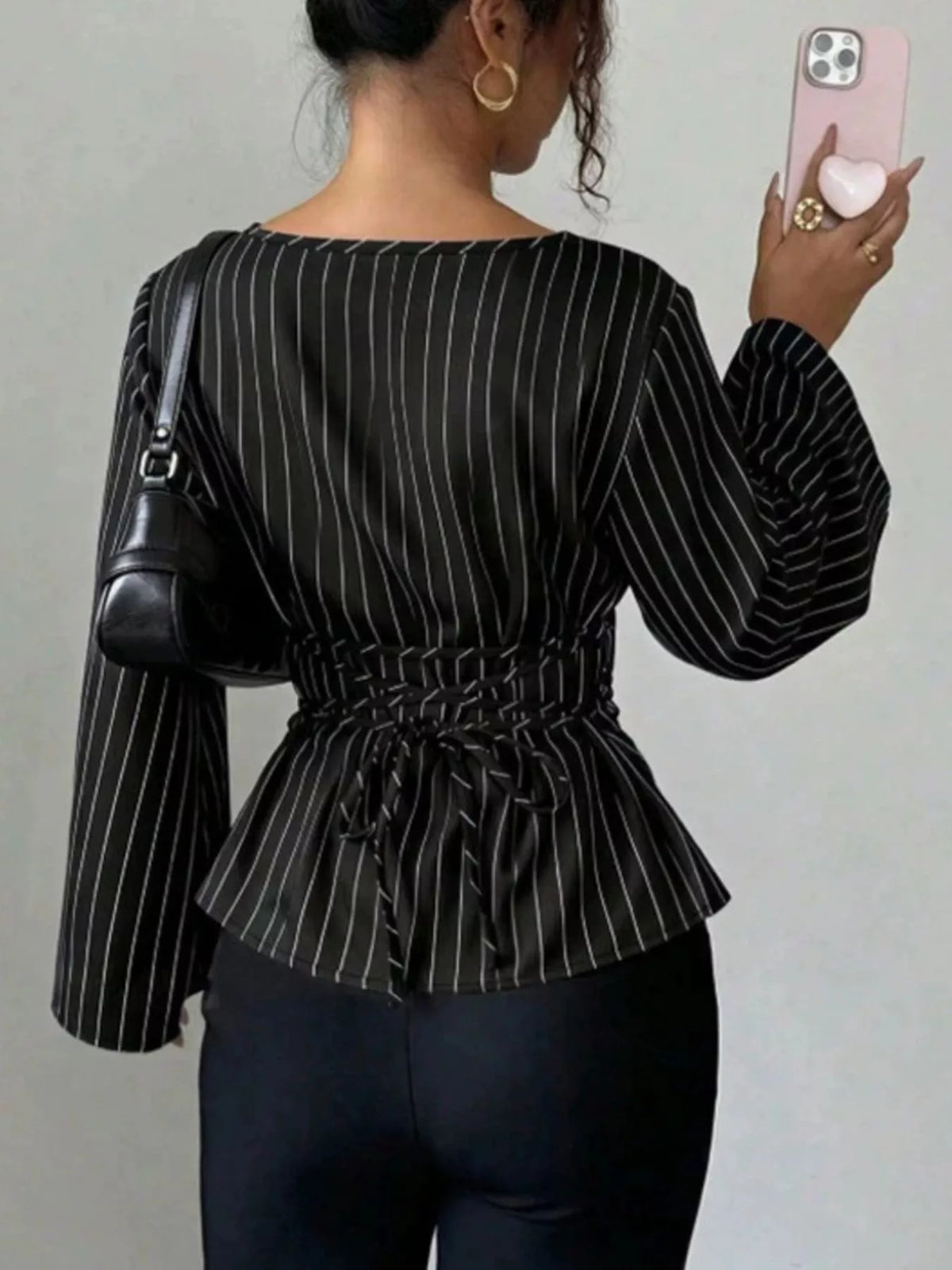 Elegant Pinstriped Bell Sleeve Blouse with Back Lace Up