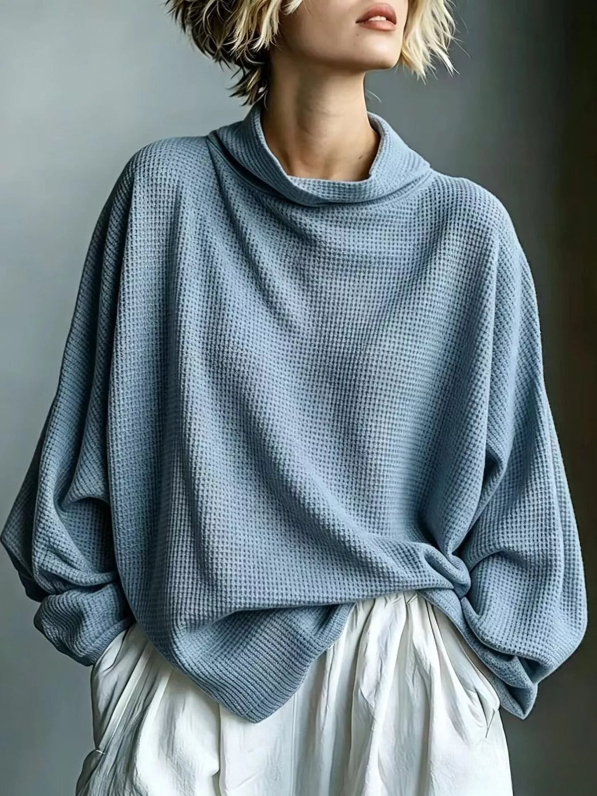Full Size Oversized Waffle Knit Mock Neck T-Shirt Plus Size