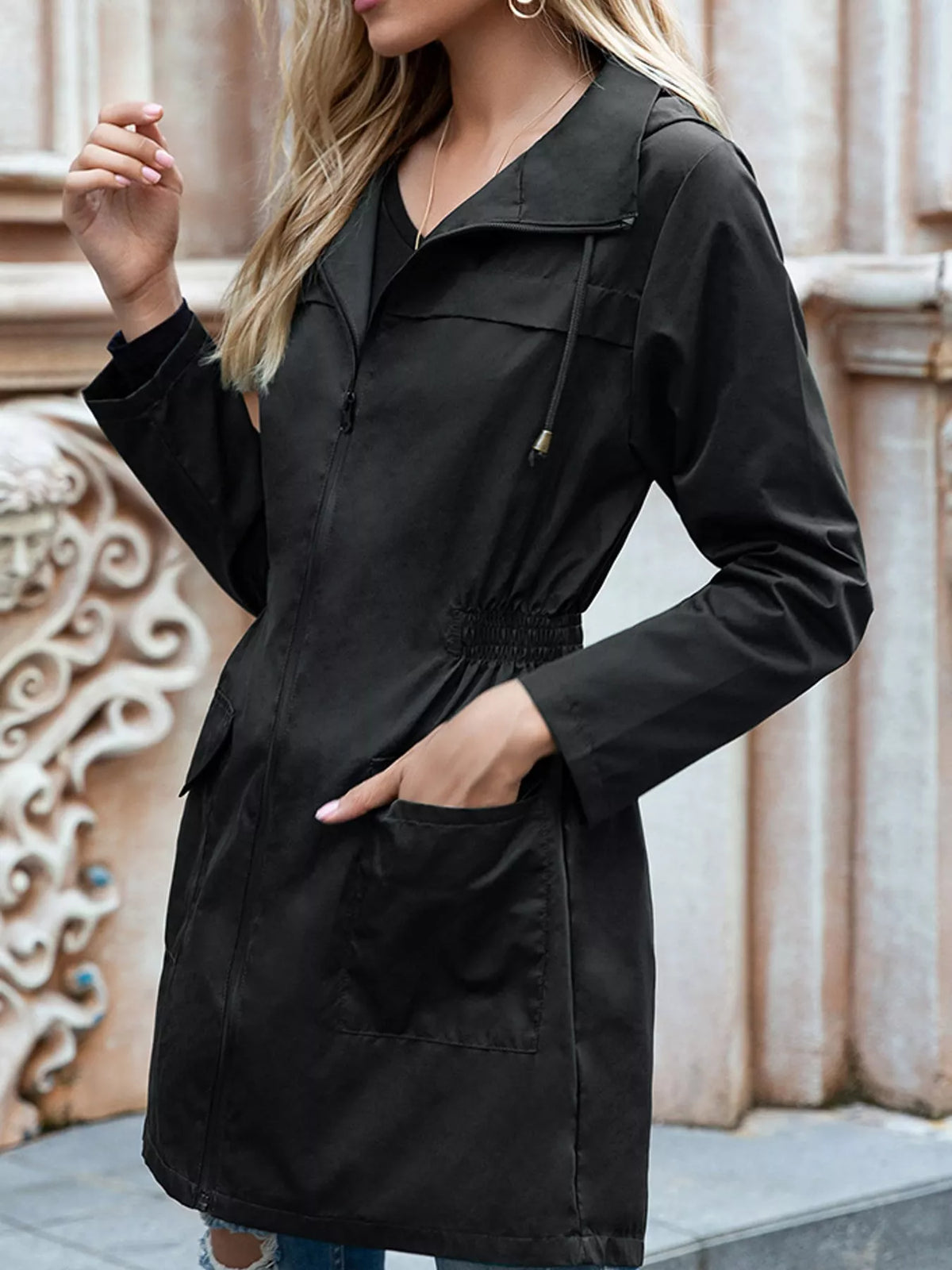 Zip Up Drawstring Waist Hooded Jacket
