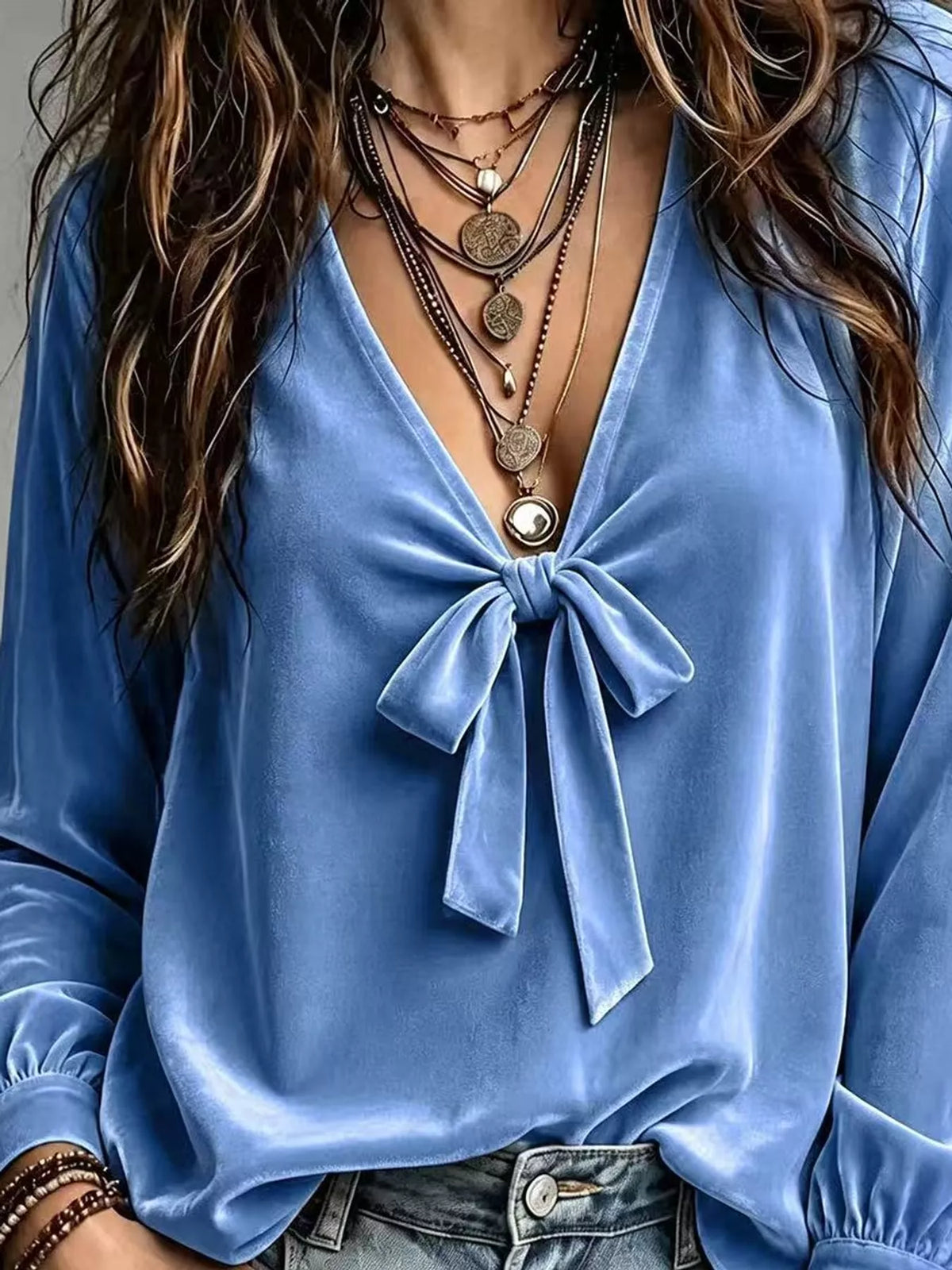 Front Bow Tie Detail V-Neck Top