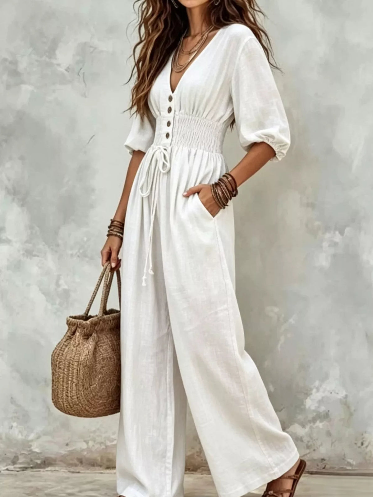 V-Neck Smocked Waist Wide-Leg Jumpsuit