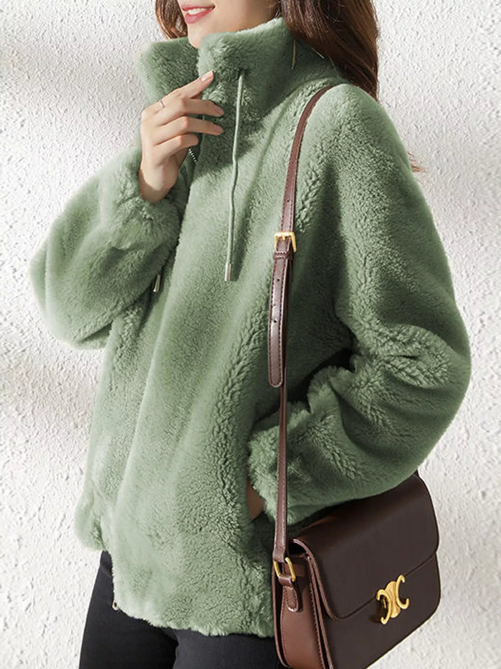 Full Size Drawstring Faux Fur Stand-Collar Zip-Up Outerwear Plus Size