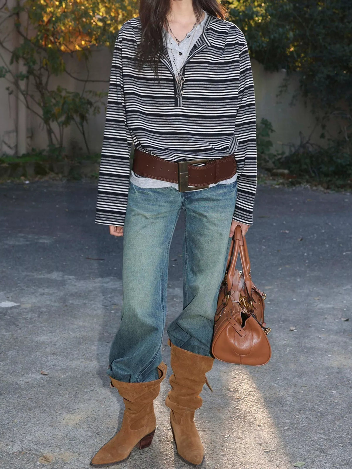 Vintage Striped Long-Sleeve Quarter-Zip T-Shirt