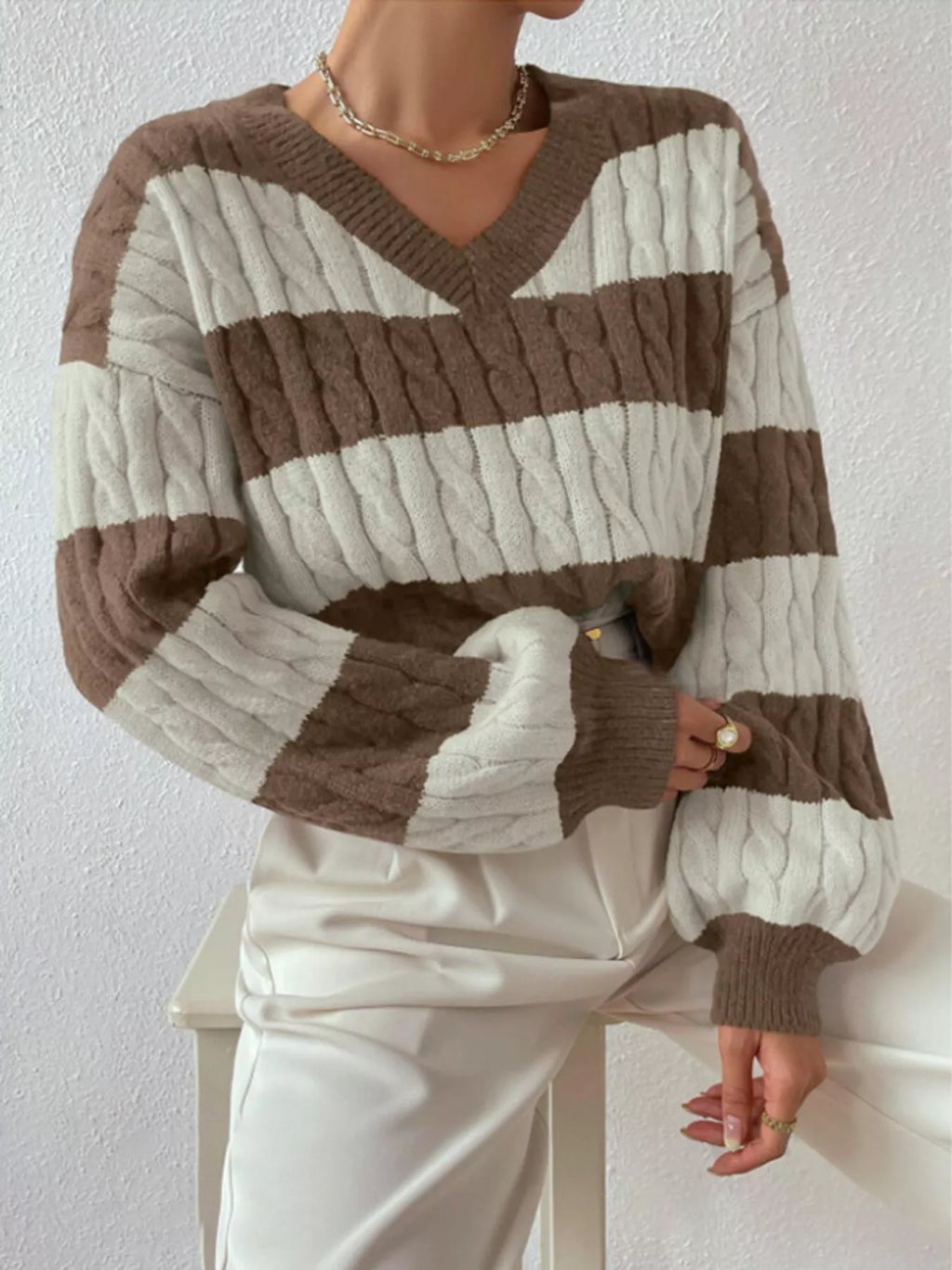 V-Neck Striped Cable Knit Sweater