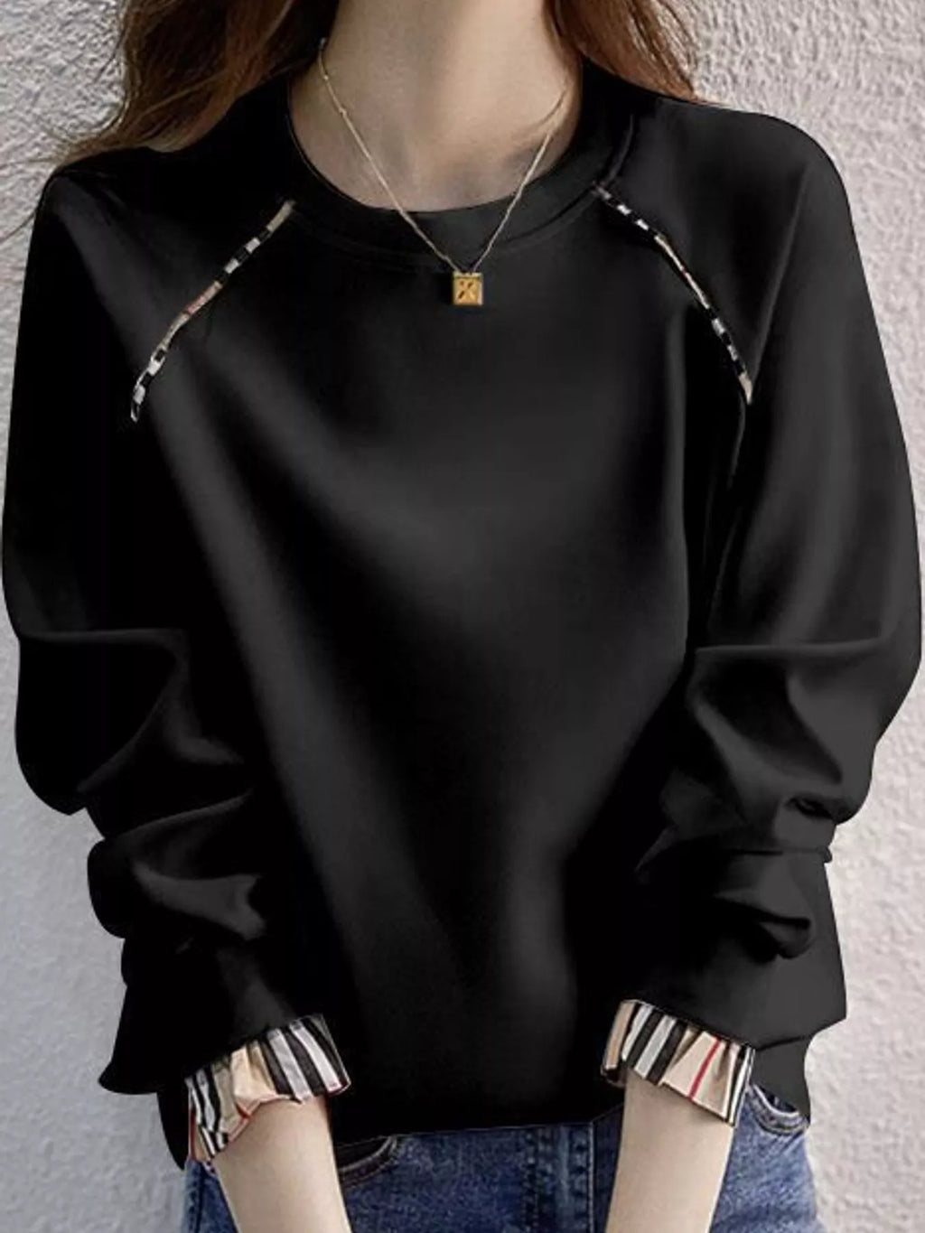Plaid-Trimmed Crew Neck Sweatshirt