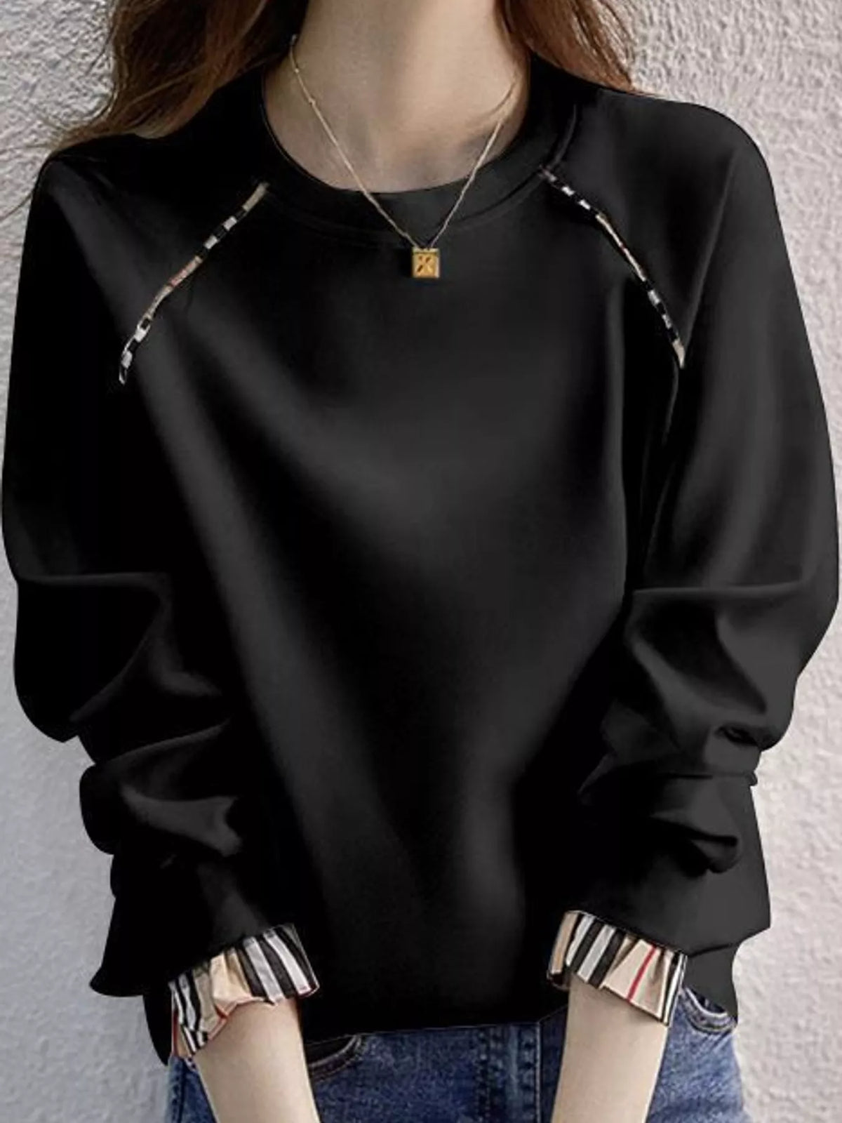 Plaid-Trimmed Crew Neck Sweatshirt