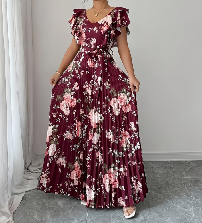 Women's V-neck Printed Ruffle A-line Dress