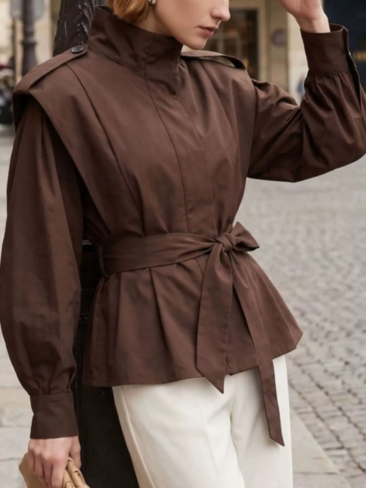 Stand-Collar Belted Outerwear