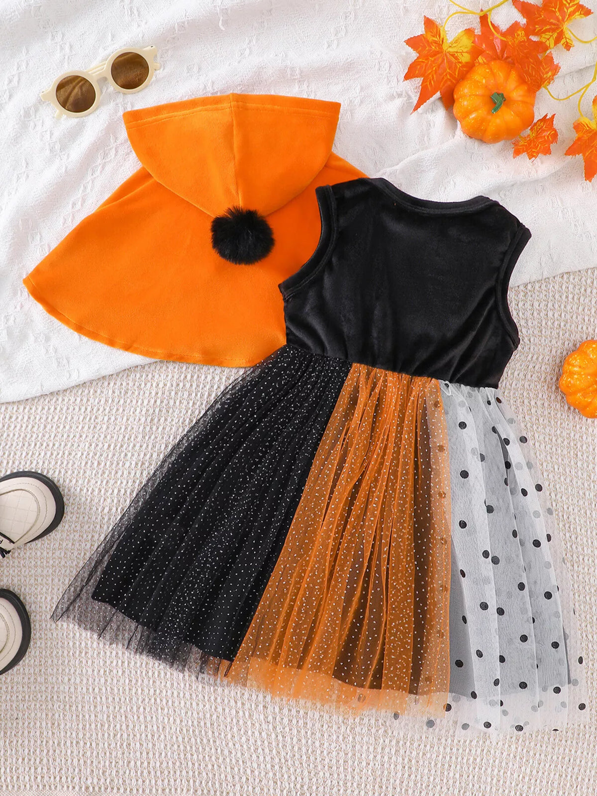 Children's Halloween Pumpkin Hooded Cape and Polka Dot Tulle Dress Set