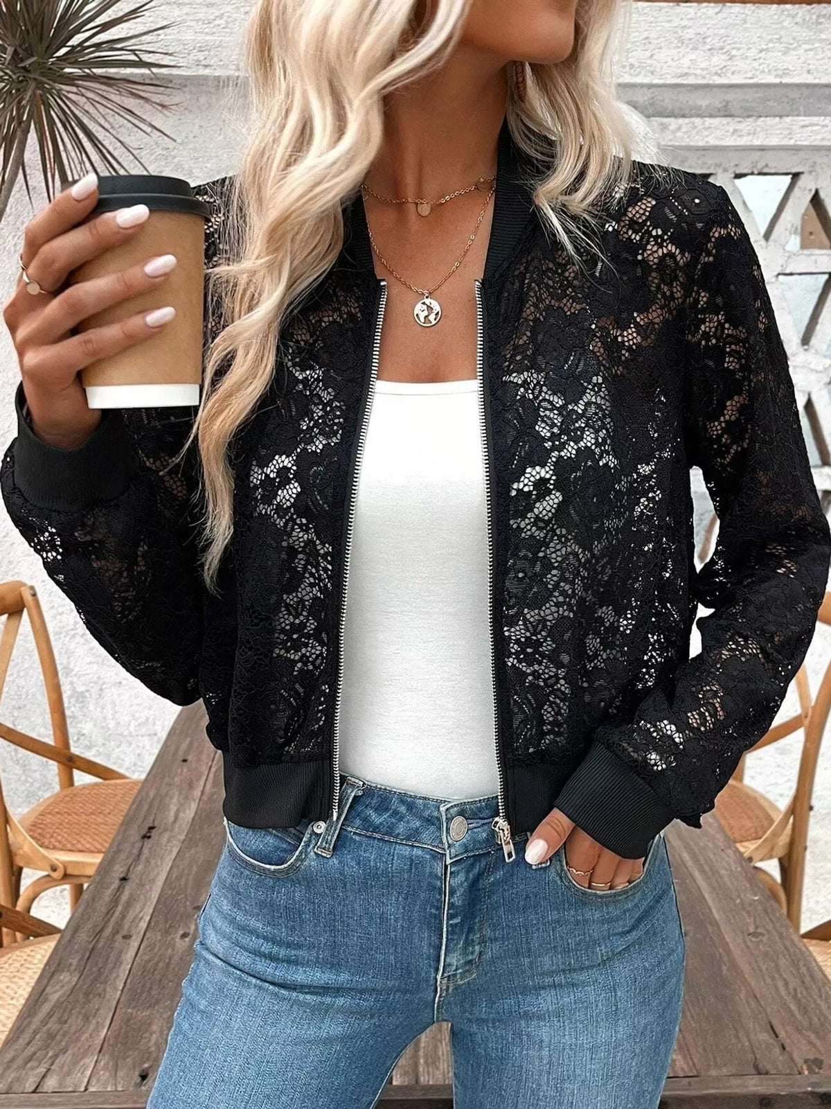 Sheer Lace Zip Up Jacket