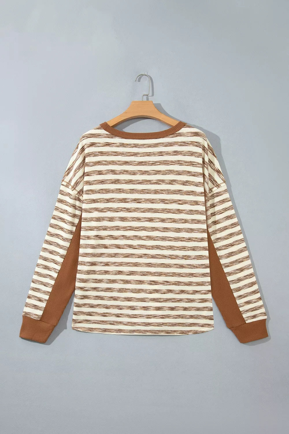 Stripe Textured Knit Color Block Trim Long Sleeve Round Neck Top
