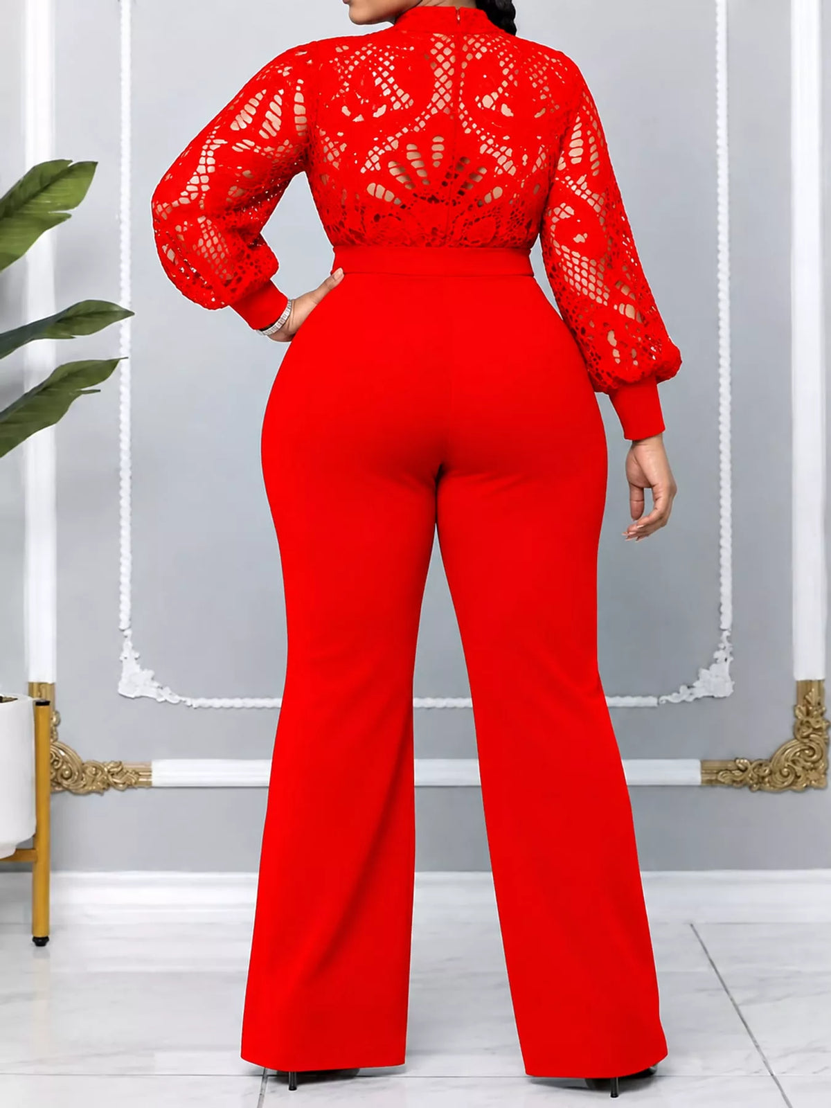 Full Size Lace Lantern Sleeve Flare Jumpsuit Plus Size