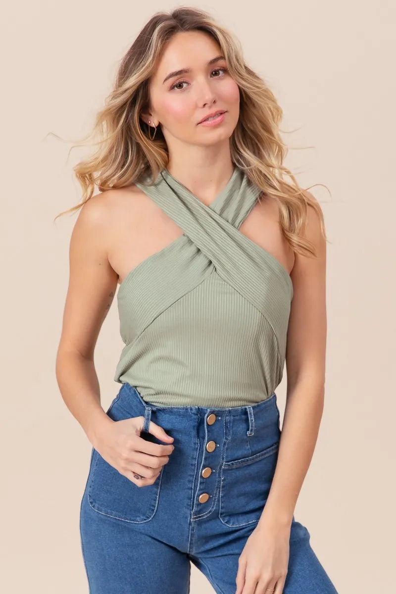 Ribbed Cross Neck Halter Top with Banded Hem