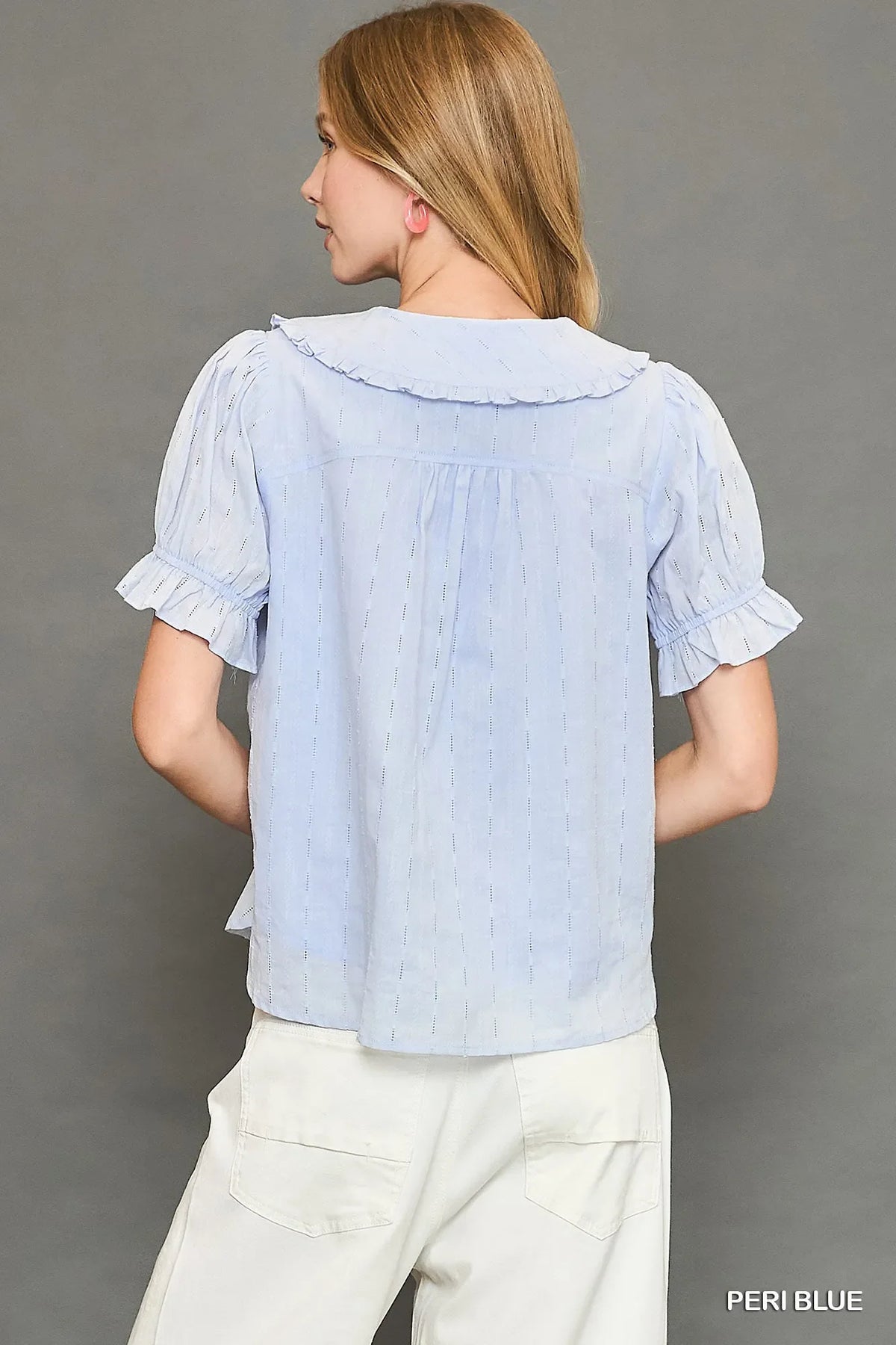Umgee Peter Pan Collared Button Down Textured Shirt with Ruffled Detail
