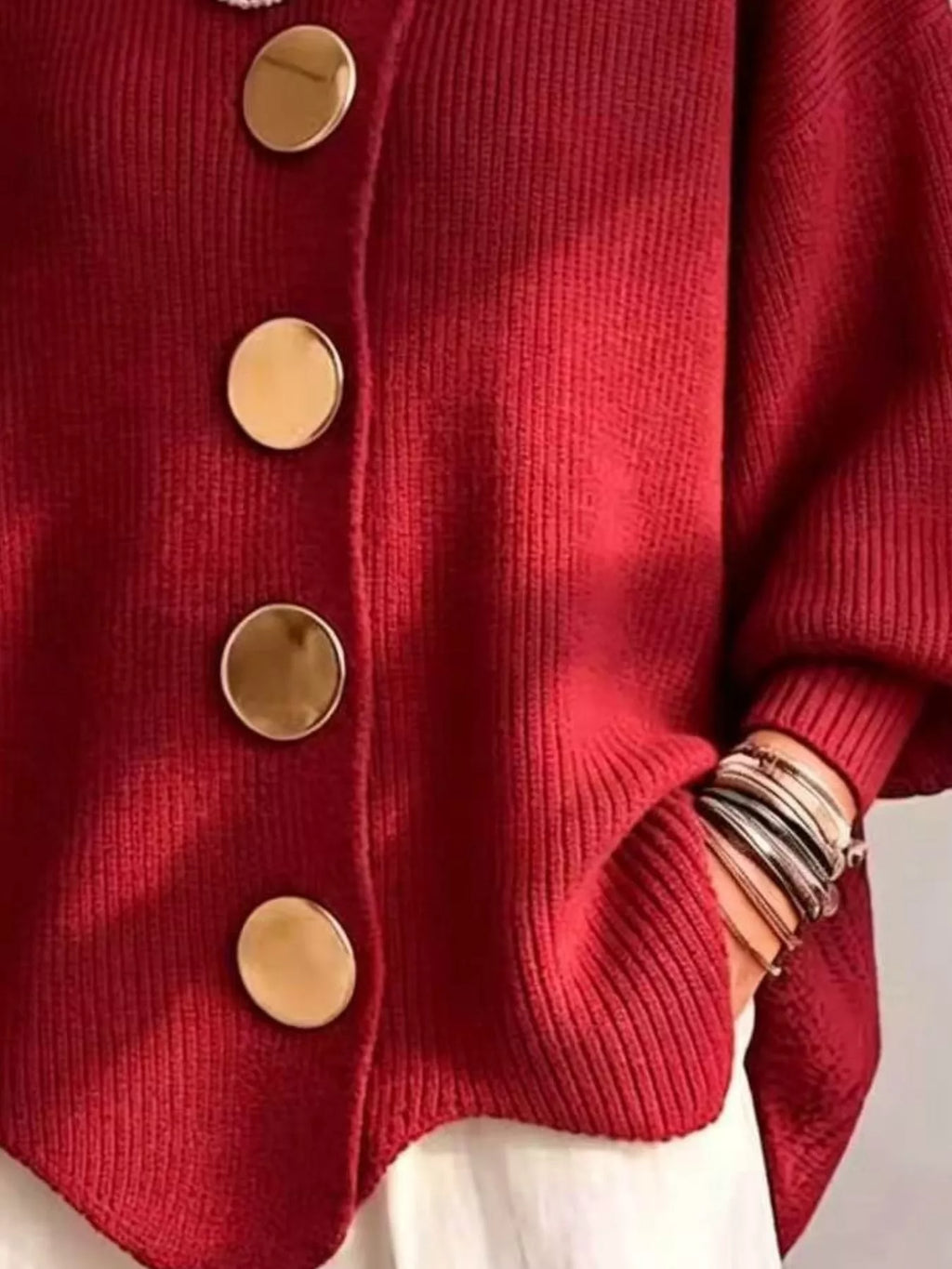 Full Size Ribbed Knit Gold Buttons Cardigan Plus Size