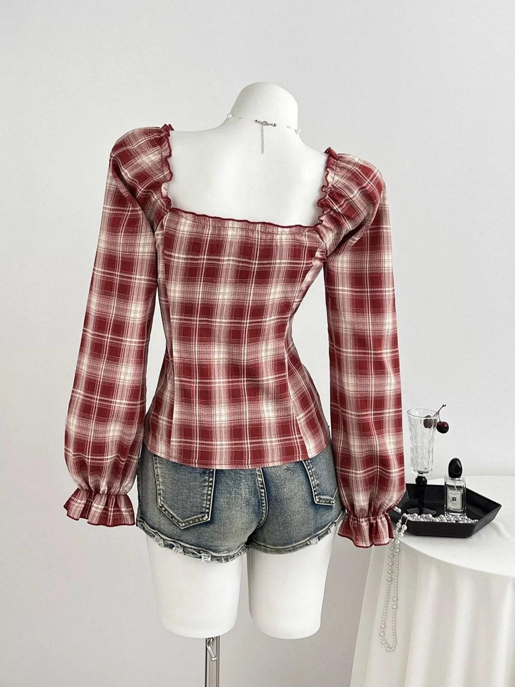 Plaid Lace-Trimmed Long Sleeve Blouse