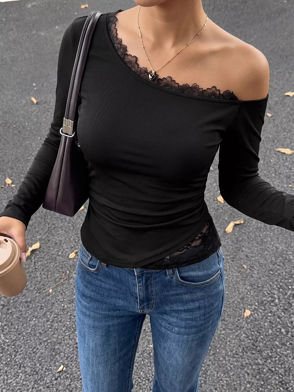 One-Shoulder Lace Trim Slim Fit T-Shirt