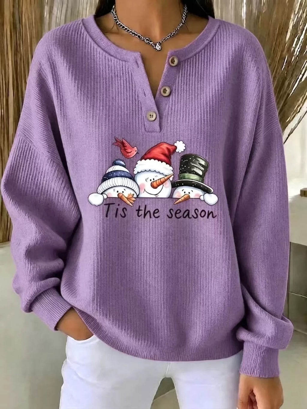 Full Size Christmas Themed Snowman Graphic Ribbed Henley Sweatshirt Plus Size