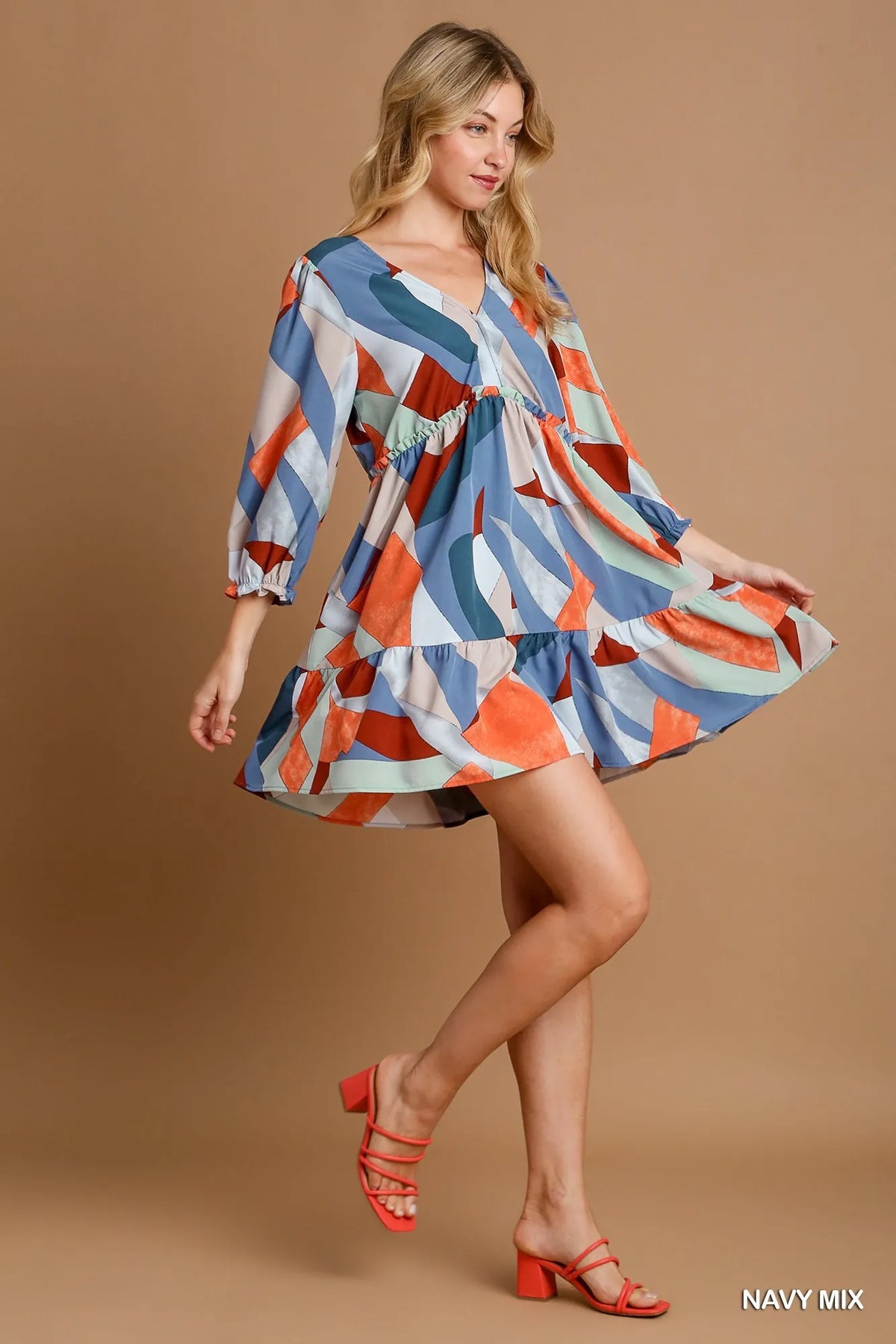 Umgee Abstract V-Neck Tiered Printed Dress