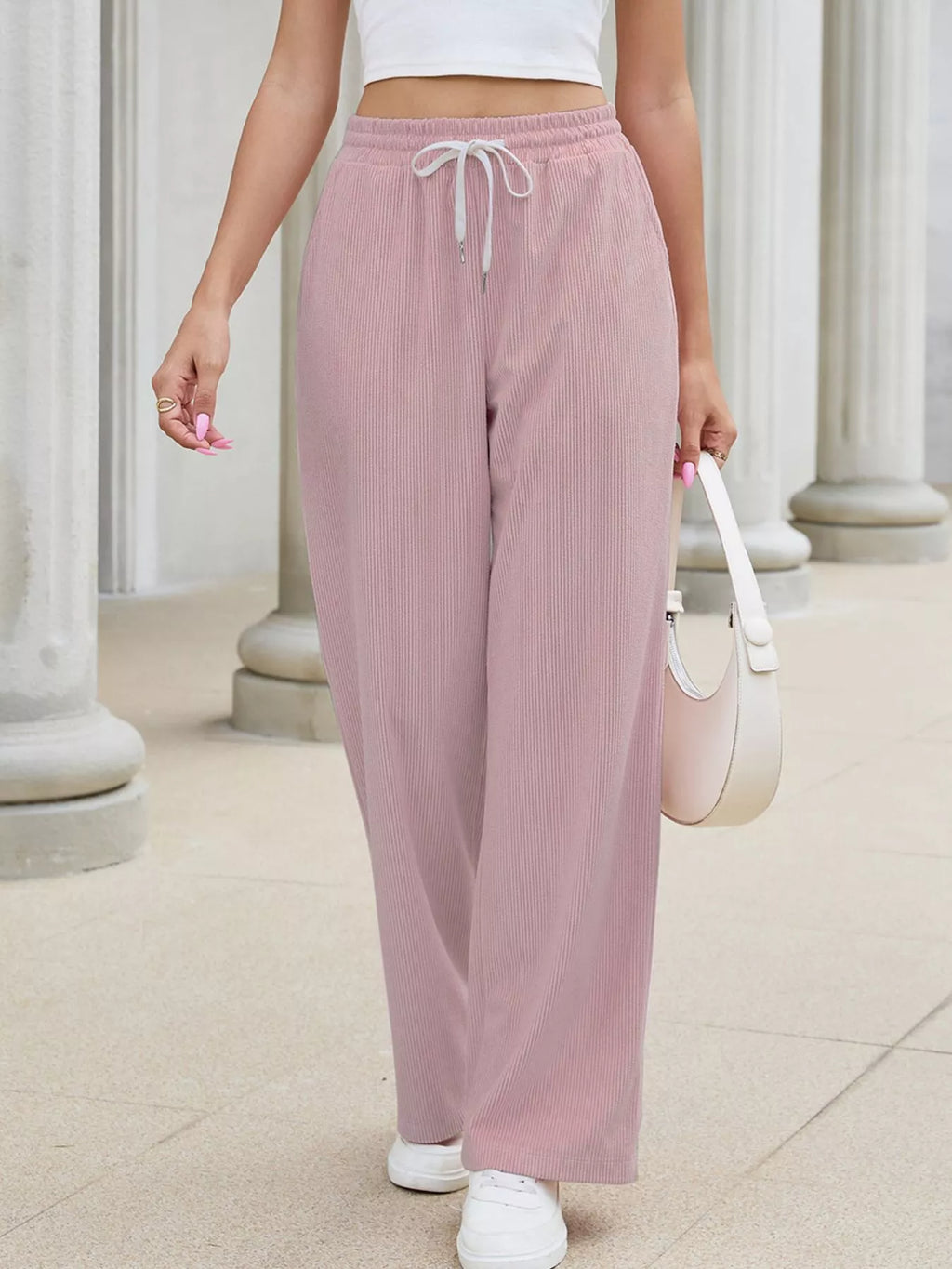 High-Waisted Drawstring Wide-Leg Casual Pants