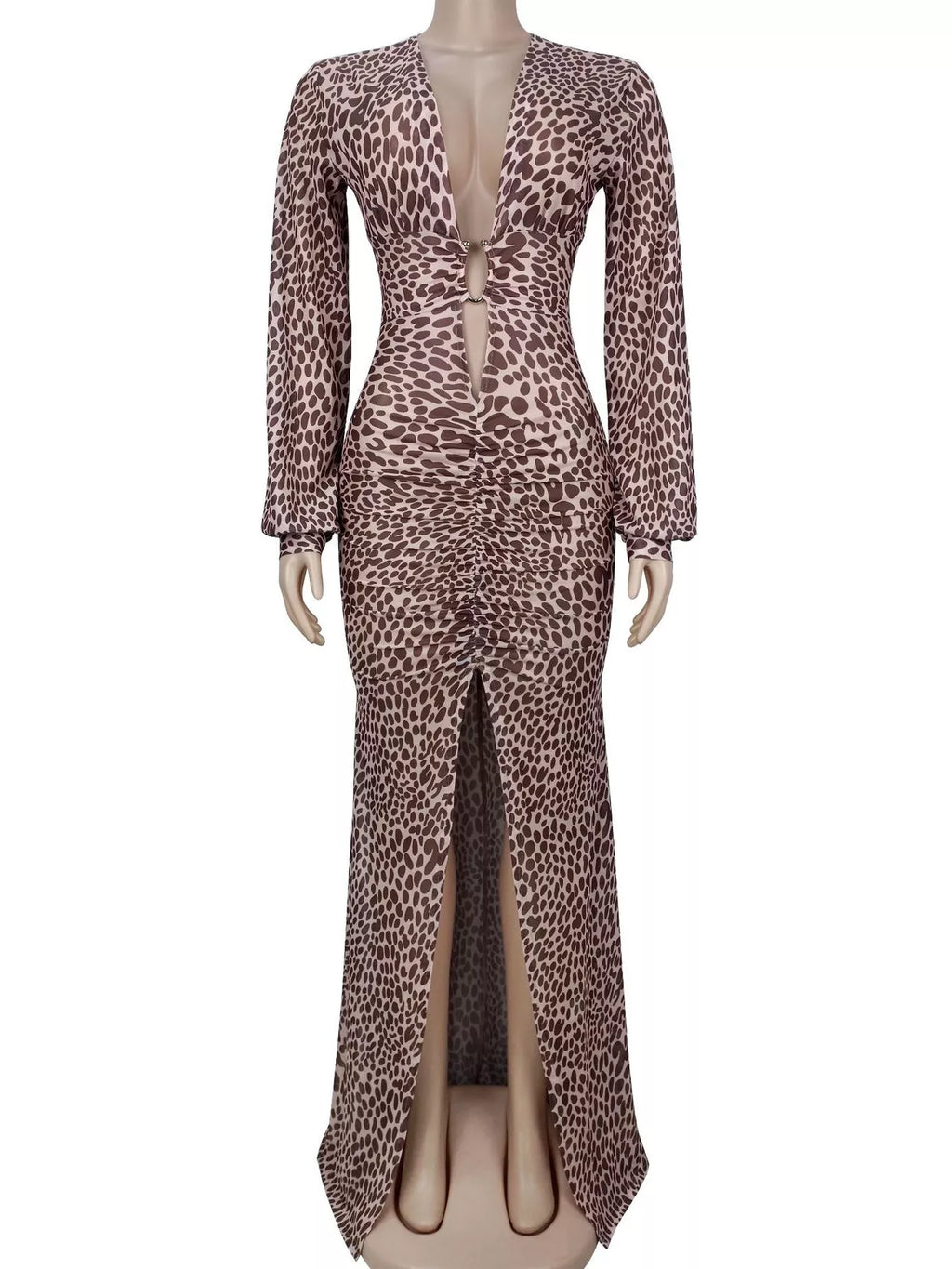 Leopard Print Deep V-Neck Long Sleeve High Slit Maxi Dress