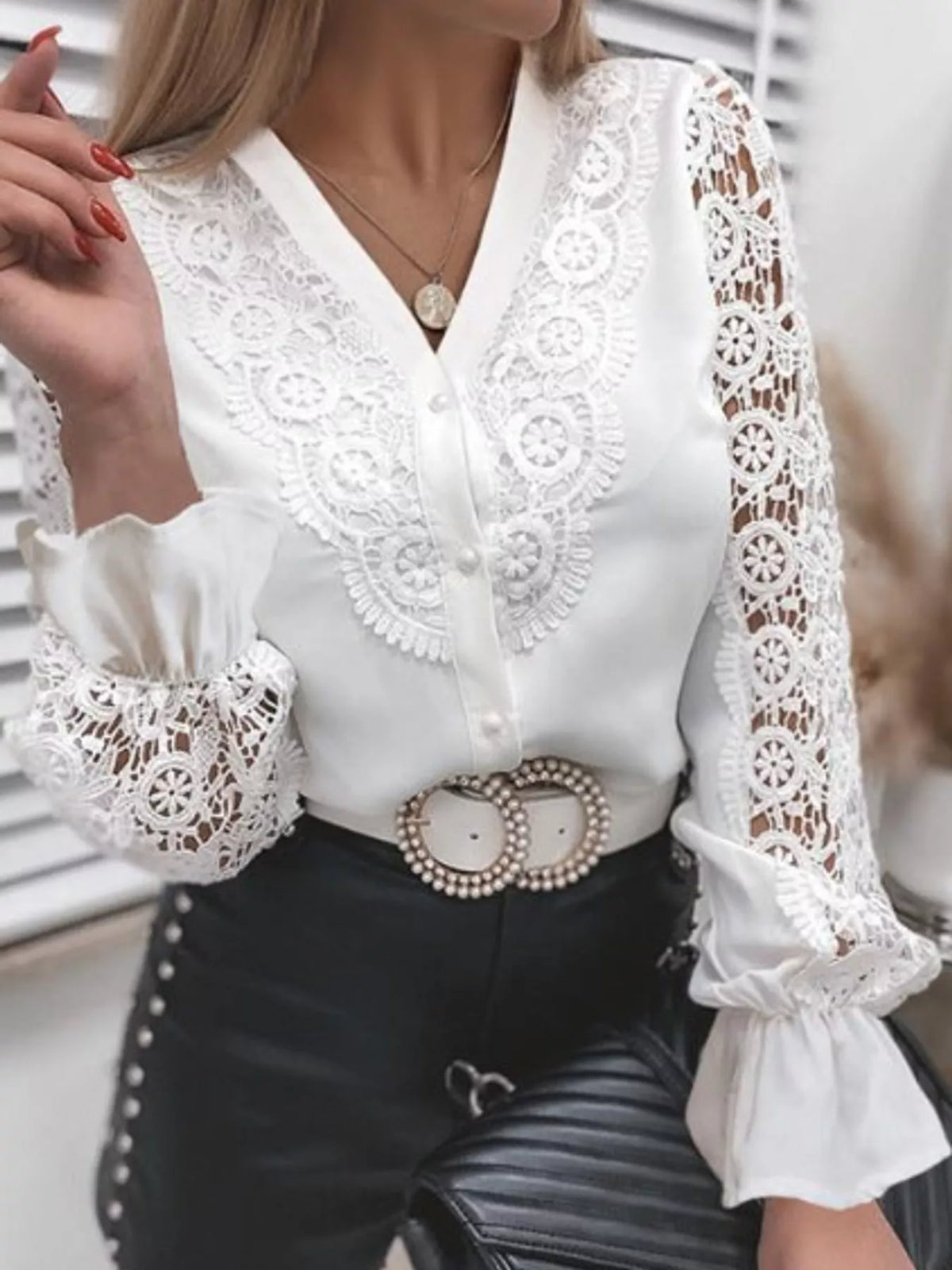 Full Size Lace V-Neck Flounce Sleeve Shirt Plus Size