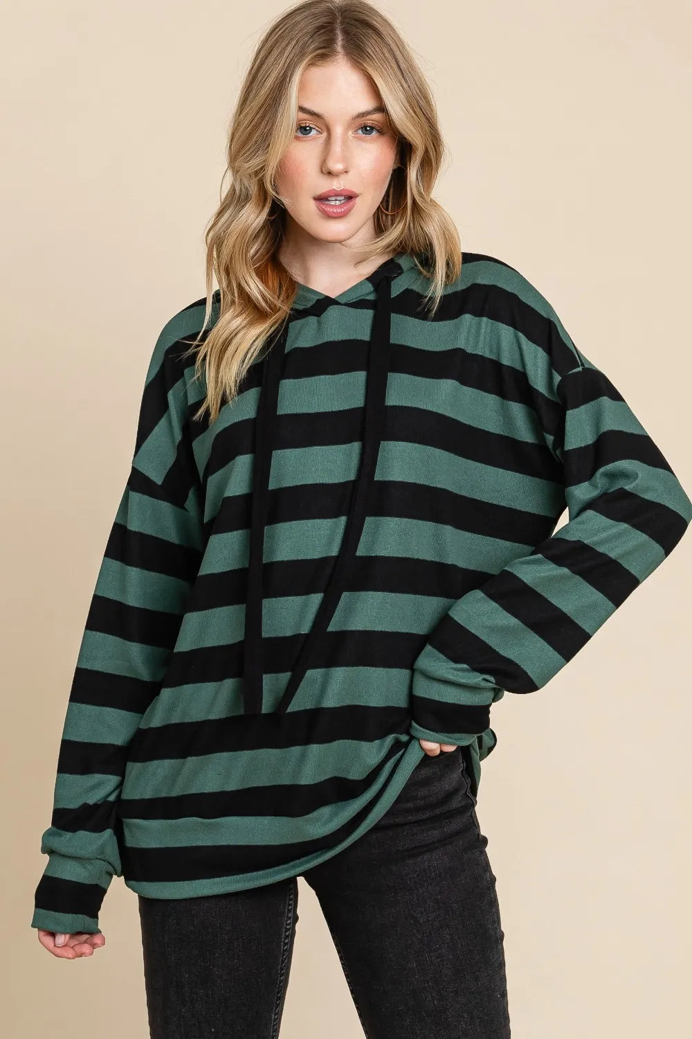 Striped Drawstring Hoodie with Dropped Shoulders