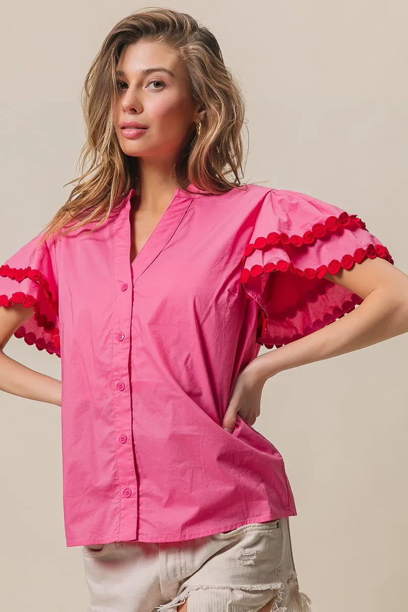 BiBi Dot Trim Flutter Sleeve Notched Top