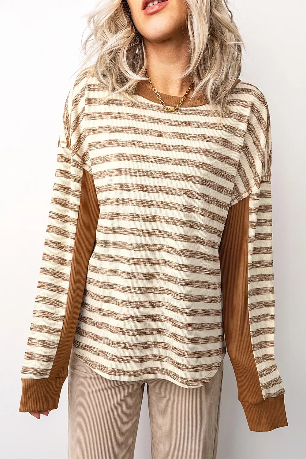 Stripe Textured Knit Color Block Trim Long Sleeve Round Neck Top