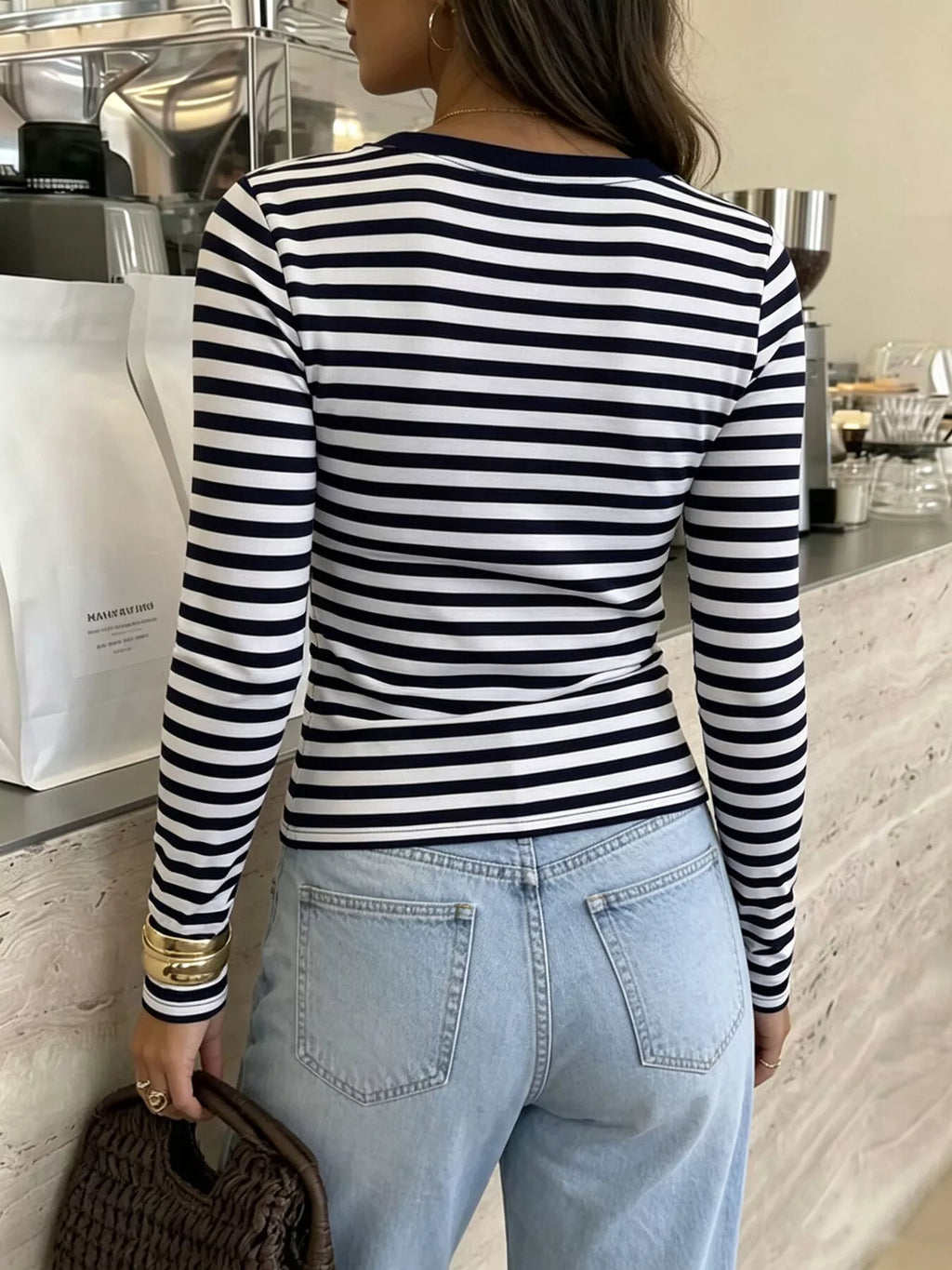 Striped V-Neck Long Sleeve T-Shirt