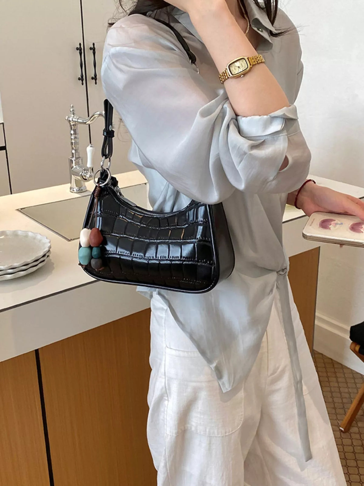 Textured PU Leather Shoulder Bag